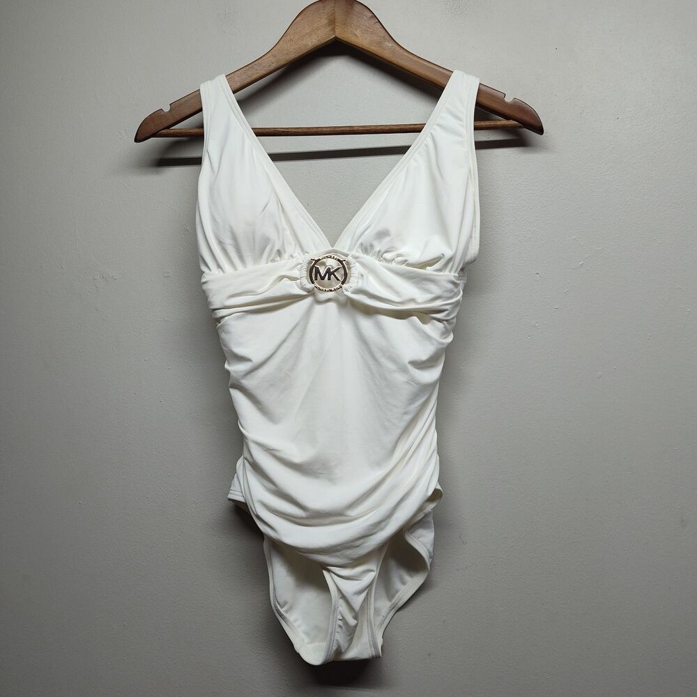 Michael Kors One Piece Swimsuit Women 6 White Rouched Tummy Control Summer Beach
